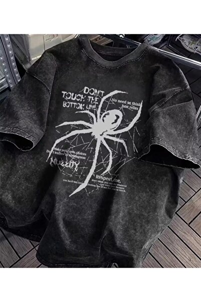 Ryam Mooda Vintage Washed Anthracite Gothic Spider Print Unisex Wide Fit Over...