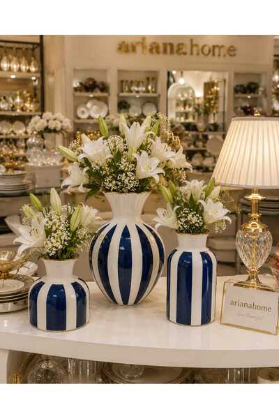ariana sytle Ceramic Nordic Navy Blue Striped Vase Set of 3