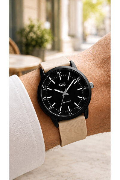 Q&Q Men's Beige Silicone Cord Black Dial 10 Bar Wristwatch 2 Years Warranty