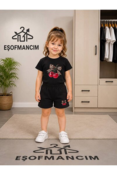 Eşofmancım Girl's Summer Shorts T-Shirt Cherry Print Set