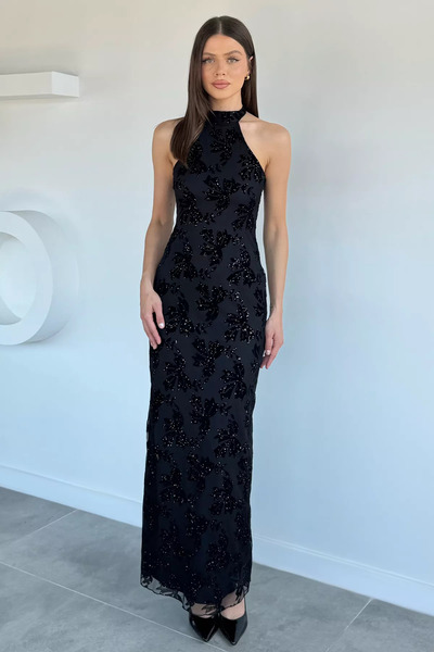 Aryena Black Women's Flocked Printed Tulle Evening Dress