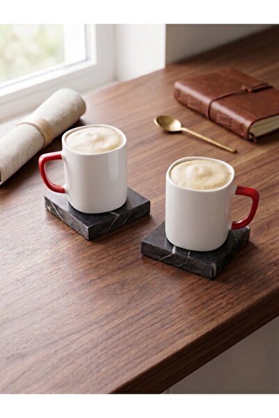 FARALYAHOME Premium Doğal Siyah Mermer Bardak Altlığı 2'li Set 10x10 cm - Lüks Kahve Sunum Ve Fincan Altlığı