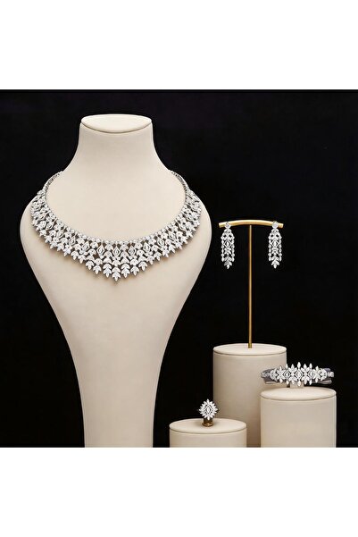 jewerlystore Luxury Full Pave Marquise Leaf V Shape 4-Piece Bridal Jewelry Se...