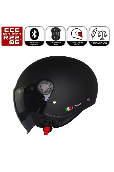 freem FR612 Mat Siyah Motosiklet Kaskı Güneş Vizörlü Yarım Açık Motorcu Kask