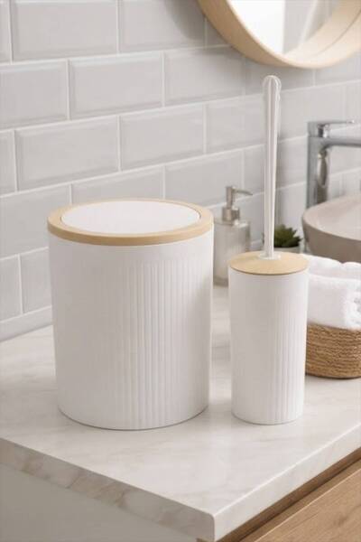 Bayev Bang 2-Piece White Bathroom Set Trash Can and Toilet Brush