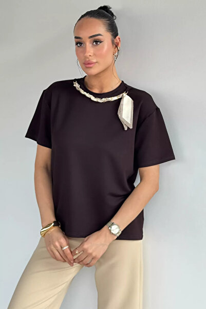 Aryena Coffee Gülseli Women's T-Shirt with Scarf Collar