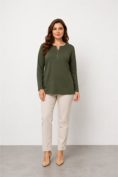 bihan store Women's Stone Detailed Long Sleeve Blouse Y26-2133 - Khaki