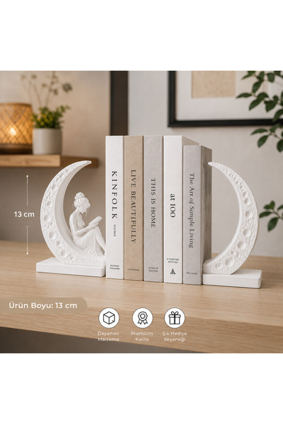 SİAL STUDIO Modern Ay Kitap Tutucu Dekoratif Kitap Desteği - Kitaplık Raf Mas...