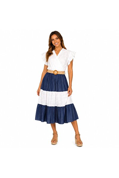 I-WH FASHION Γυναικείο λευκό και μπλε μίντι φόρεμα με αγγλικό κέντημα