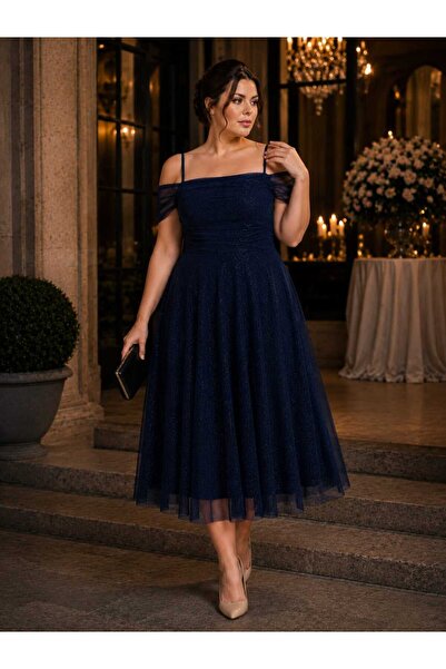 Novin Glittery Evening Dress, Draplei Degaje Collar, Plus Size Evening Dress
