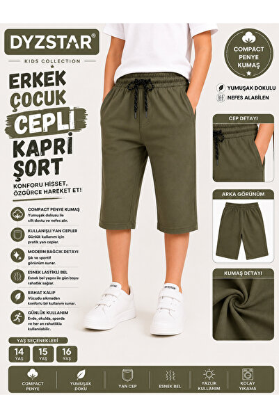 DYZSTAR Erkek Çocuk Cepli Kapri Şort Haki (Asker Yeşili) Compact Penye Rahat ...