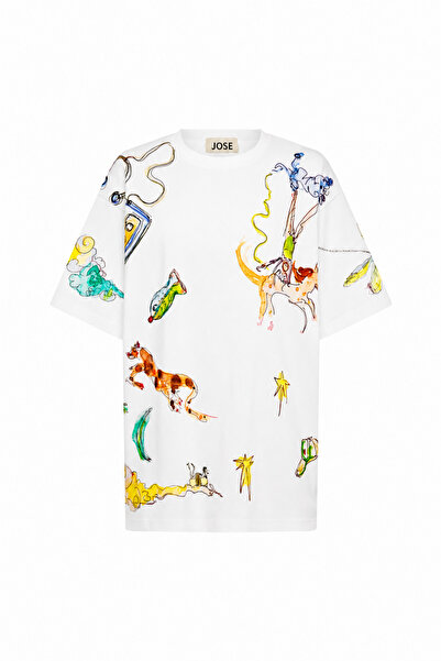 White Hand Painted Oversize Cut Short Sleeve Printed Design T-shirt