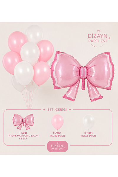 Dizayn Parti Evi Pembe Fiyonk Folyo Balon Seti 92x58,5 cm – 5 Pembe 5 Beyaz L...