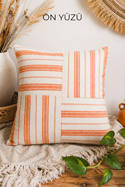 Elegancembroidery 42x42 Patchwork Kırlent – Turuncu Çizgili Silikon Dolgulu D...