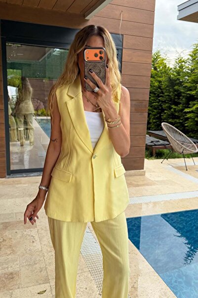 MyLoore Women's Yellow Lined Linen Vest Pants Set Mlb215