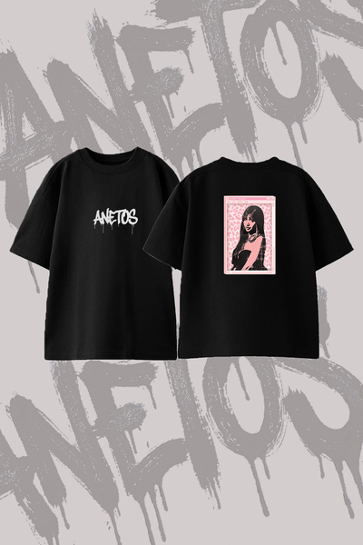 Anetos Pink Pop Girl Design Printed Oversize Crew Neck T-Shirt Black