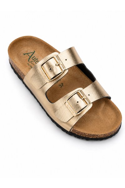 Castle Black Autenti Women's Full Orthopedic Leather Slippers - Metallic Gold Yellow - Genuine Cork Fussbett - Eva Sole - Made in Spain
