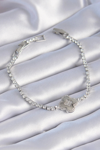 ARMÜZ Brass Silver Color Zircon Stone Clover Model Women's Bracelet