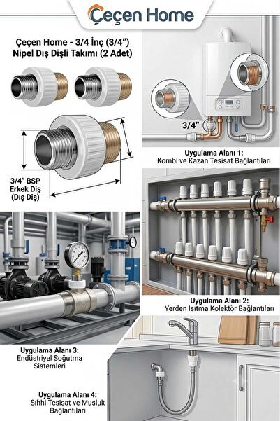 ÇEÇEN HOME 2 Adet 3/4 Inç Nipel Dış Dişli Takımı - Kombi Kazan Tesisat Bağlan...