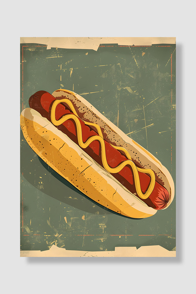 Luna Marissa Poster hot doga, retro vintage zelena pozadina, senf, kobasica, ...