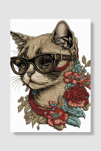 Luna Marissa Poster cu pisică Pisică cool cu ochelari, cu flori, gravură retr...