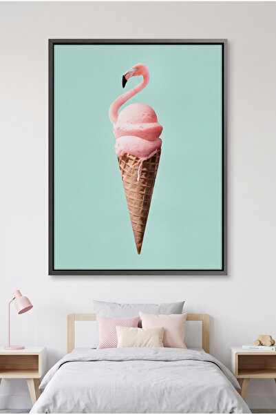 Jasmine Art Flamingo Ice Cream Cone Kids Wall Art | Portrait Framed Canvas Pr...