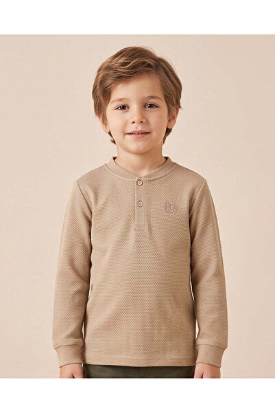 REDTAG Boys Khaki Popcorn Knit Henley