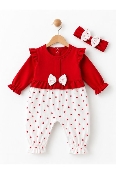 Tri-Berries Heart Printed Baby Girl Jumpsuit - Bow Hairband Baby Set