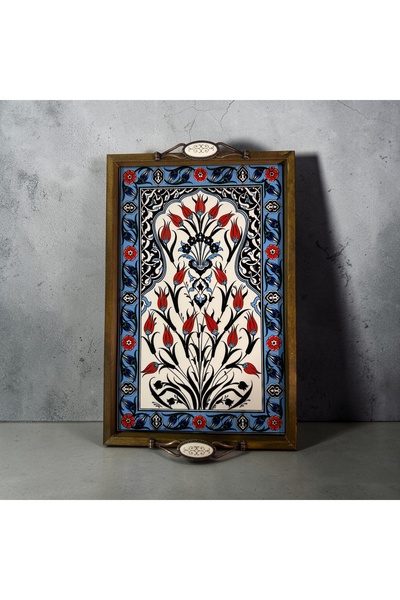 PorcelainAtelier El Yapımı Kütahya Çini Desenli Ahşap & Seramik Tepsi 42x28 c...