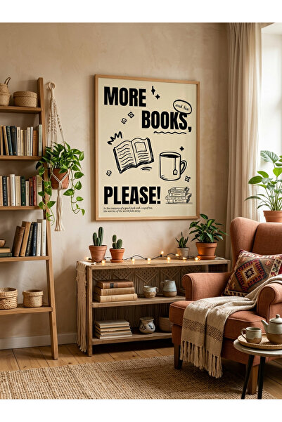 Creatick Design Kitap ve Kahve Temalı Ham Ahşap Çerçeveli Tablo Okuma Köşesi ...
