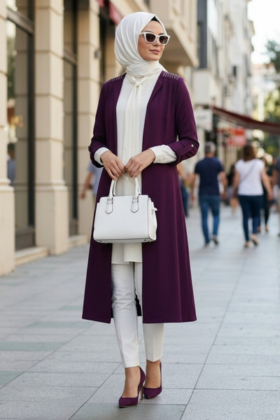 Moda Mistik Astoria Uzun Tesettür Tunik Ceket İkili Takım Mürdüm Mor