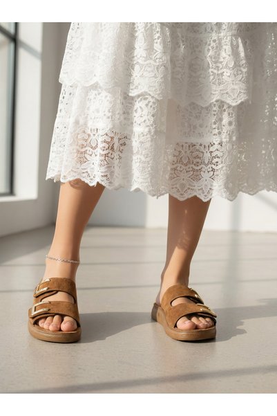 Amiral Ayakkabı Women's Caramel Slippers with Double Straps and Buckle, Casual Comfortable Home & Outdoor Slippers