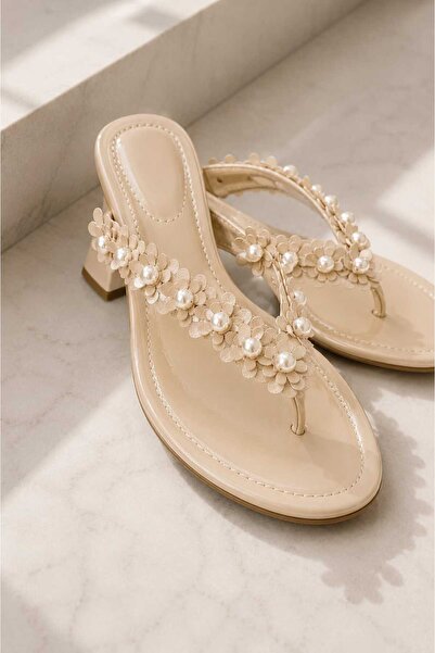 CİMİLİ SHOES Women's Flip-Flop Heeled Slippers with Rose and Pearl Ornaments ...
