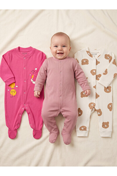 Noone Chick Patterned 3-Piece Baby Romper Set with 2 Booties and 1 Bootie-Fre...