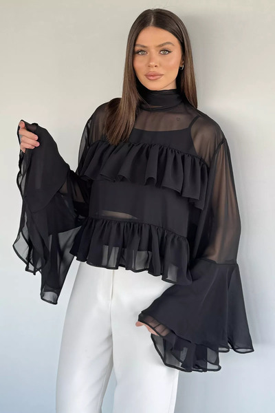 Aryena Black Women's Athlete Layered Tulle Blouse