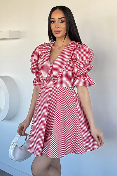 Aryena Red Women's Gingham Patterned Baby Collar Dress