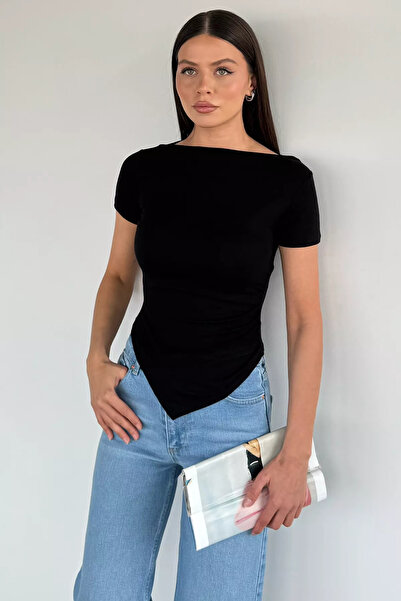 Aryena Black Women's Asymmetrical Cut Lycra Blouse