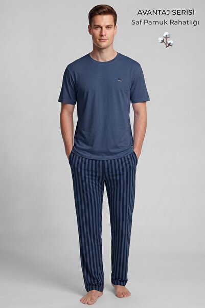 Aytuğ&Mısırlı Egyptian Men's Cotton Striped Pajama Set Dark Navy Blue