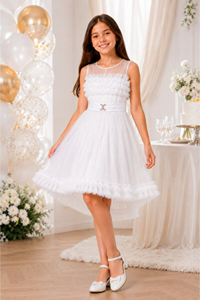 CAMELLİA 78607-26 Girls' White Evening Dress Short in Front Long in Back Tull...