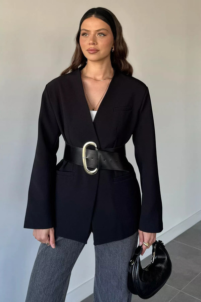 Aryena Black Perry Women's Blazer Jacket with Belt Accessory