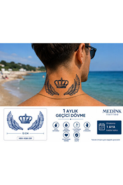 medink tattoo 1 Ay Kalıcı 24 Saat Sonra Kararan Kanat ve Kral Taç Mınımal Mod...