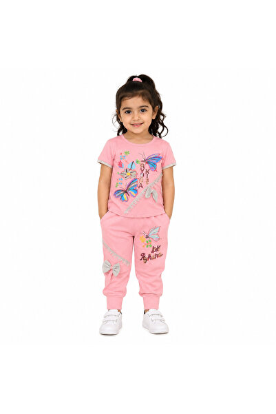 Generic Girls' Set Pink Butterfly Graphic T-Shirt and Pants Two-Piece Set