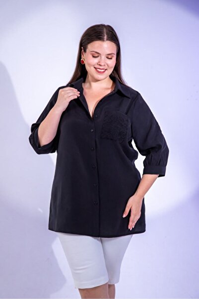 Roxxlen Women's Plus Size Pocket Embroidered Shirt