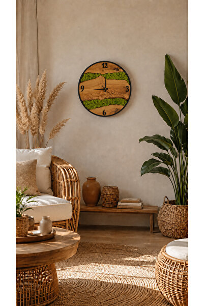 Hagen Natural Wood Look Decorative Wall Clock with Moss Detail and Black Meta...
