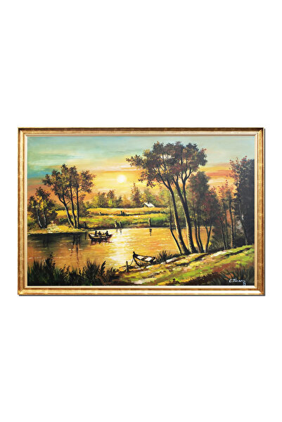 artnova Γιγάντιο κορνιζαρισμένο έργο τέχνης, έναργυρο τοπίο ηλιοβασιλέματος ζ...