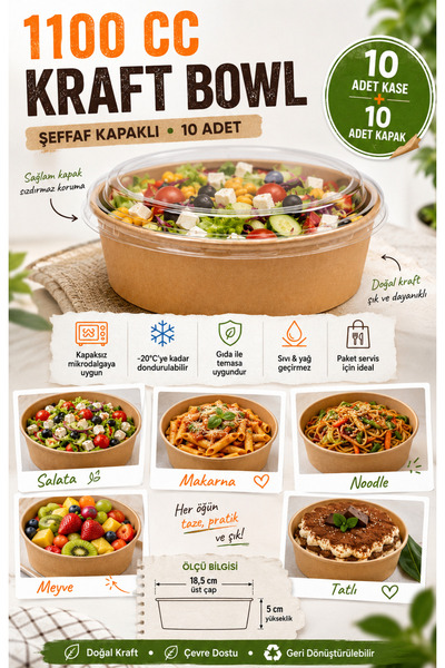 Owersea 1100 cc Kraft Bowl Salata Diyet Kasesi Kapaklı 10 Adet Büyük Boy Yuva...