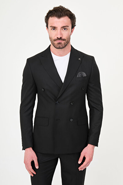 Mcr Striped Slim Fit Wide Collar Double Breasted Men's Suit Black - 45478.26Y