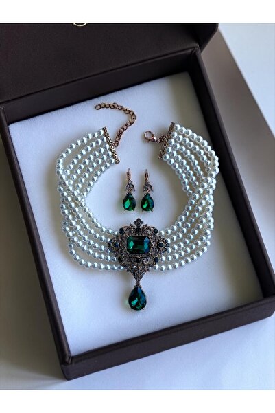 FAYRA ACCESSORIES Baget Ve Su Damlası inci Choker Kolye ve Küpe Seti