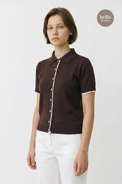 Bisou Polo Collar Front Buttoned Lace Trim Slim Knitwear Blouse