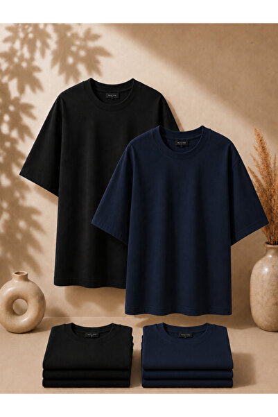 MİLANDORE 2'li Paket Unisex Siyah-Lacivert Oversize T-shirt Seti - Bisiklet Y...